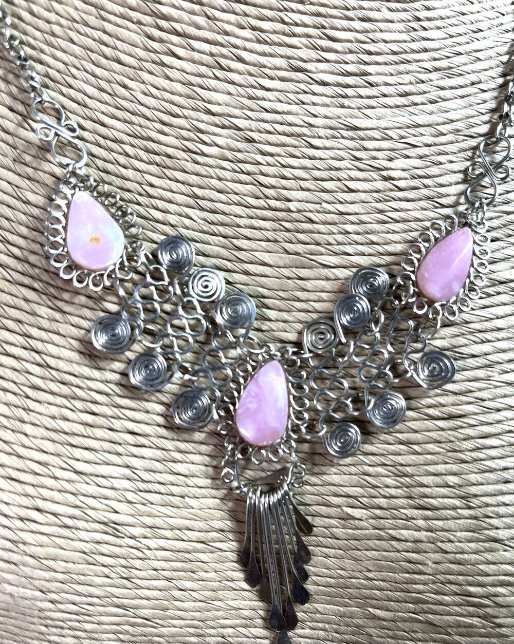 Rose Quartz 3-Natural Stone Teardrop Necklace Alpaca Silver Handmade Peru New